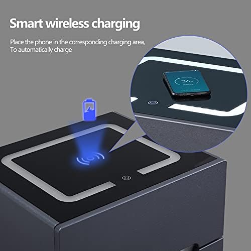 OFCASA 3 Drawers Bedside Table with LED Lights Black Smart Side Table with Glass Wireless Charging Station Wood Nightstand for Bedroom