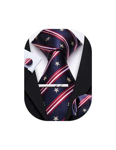 YOHOWA American Flag Tie for Men Navy Blue Necktie with Tie Clip USA Flag Silk Pocket Square Cufflinks Set Formal Business Patriotic Party