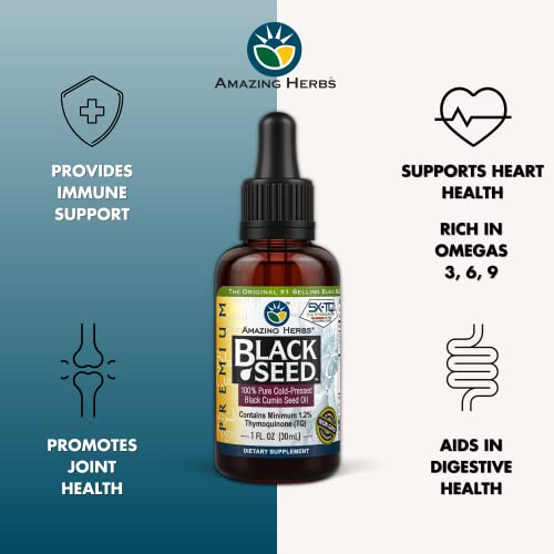 Amazing Herbs Premium Black Seed Oil - Cold Pressed Nigella Sativa Aids In Digestive Health, Immune Support, Brain Function, Joint Mobility, Gluten Free, Non Gmo - 1 Fl Oz #TOP1