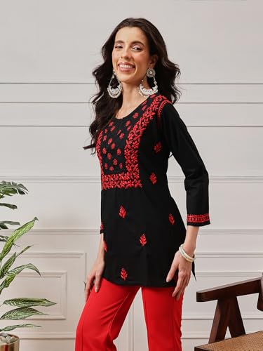 Image of Ada Hand Embroidered Lucknowi Chikankari Cotton Top for Women A100131 | Lucknowi Short Kurta Kurti Tunic Casual Wear Ethnic Wear Chikan Work Straight handcrafted top Kurti for Office