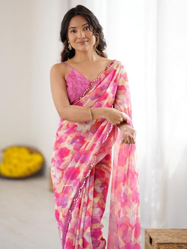 Image of Satrani Women's Georgette Printed & Mirror Work Saree with Unstitched Blouse Piece