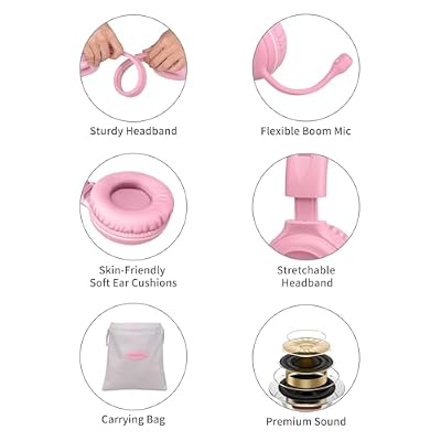 SIMOLIO Kids-Headphones with Microphone for School, 75/85/94 dB Wired Headphones with Boom Mic for iPad, PC, Laptop, Gaming, On Ear Pink Stereo Corded Headsets for Girls, Children, Teens, Students