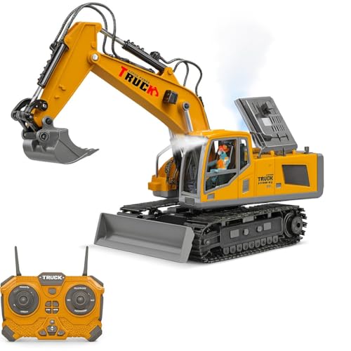 Waka Tienda Escavatore giocattolo telecomandato 13 canali 2.4GHz con cubo metallico. Escavatore radiocomandato con luci, suoni, spray e rotazione 680°. Regalo ideale per bambini 6-12 anni