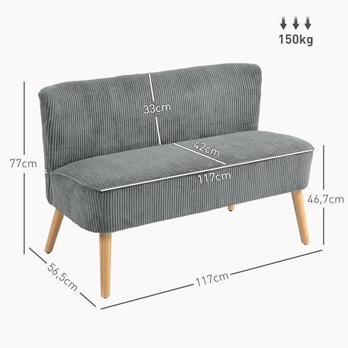 HOMCOM Sofa 2 Sitzer Couch, Kleine Loveseat mit Cord-Optik Modern Polstersofa für Wohnzimmer, Schlafzimmer, kleinen Raum, Grau 117 x 56,5 x 77 cm