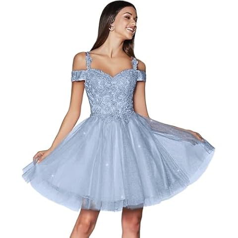 PuTao Light Sky Blue Lace Tulle Homecoming Dresses for Teens Sneaker Ball Cold Shoulder Short Prom Cocktail Party Ball Gown for Women Size 12 Cover