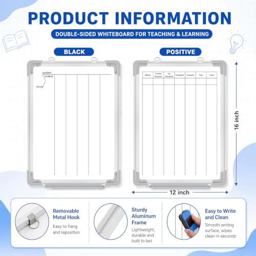 Lincia 12x16 Inch Math Manipulatives Dry Erase Board Double-Sided Whiteboard with Aluminum Frame, Includes 8-Color Markers & Eraser, Long Division Board for Classroom and Home Use - Image 2