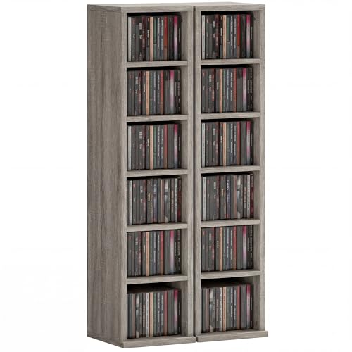 HOMCOM 204 CD Storage Units Set of 2, Blu-Ray Tower Rack with Adjustable Shelves, Bookcase Storage Organiser, Distressed Grey