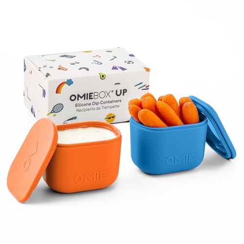 OmieBox UP (2 pack) Leakproof Dips Containers To Go, Salad Dressing Container, Condiment Container with Lids - Food Safe Silicone - 4.5 ounces (Blue/Orange)