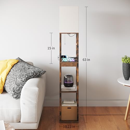 Image of SUNMORY Floor Lamp with Shelves, Modern Dimmable Standing Lamp with Drawer & 2 USB Ports & 2 Power Outlet, Corner Tall Shelf Lamp for Living Room and Bedroom (Rustic Browm)