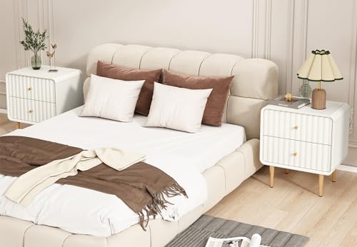 Image of HLR Modern Nightstand, Fluted Bedside Table with 2 Drawers Storage, White