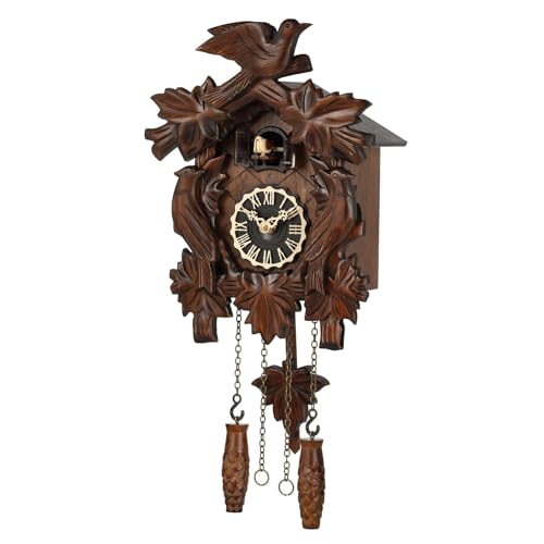 Kintrot Cuckoo Clock, Traditional Black Forest Handcrafted Wooden Quartz Clock for Wall Antique Decroration with Maple Leaf Pendulum, 12 Melodies, Night Sensor and Singing Bird