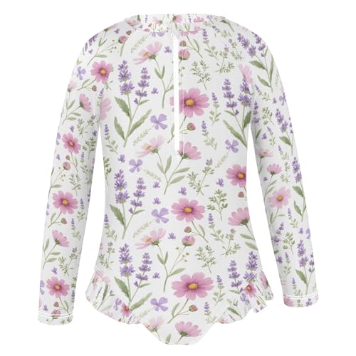 ALAZA Lavender Flower Blossom Floral Girls One Piece Swimsuit Long Sleeve Rash Guard Swimsuits UV 50+ Swimwear Zipper2
