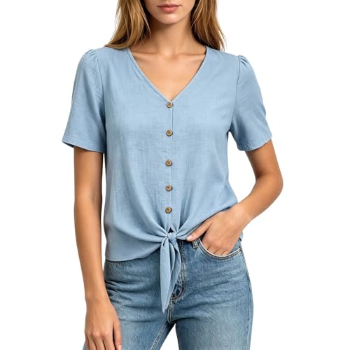 Image of TURWXGSO Summer Tops for Women UK V Neck Short Sleeve Button Down Shirt Cotton Linen Casual Tees Tie Front Solid Color T-Shirt Fashion Loose Fit Work Office Blouse