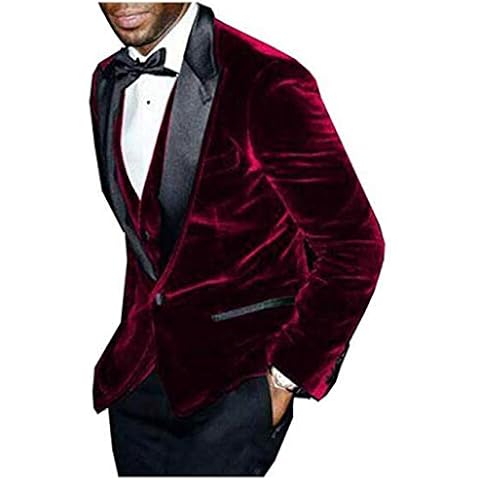 Zeattall Burgundy Men's 3 Pieces Velvet Suit Slim Fit One Button Groom Tuxedos Formal Blazer Wedding Suit(36 Regular,Burgundy) Cover