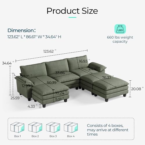 Image of LINSY HOME 123'' Modular Sectional Sofa 3 Seat Couch Corduroy Cloud Couch with Deep Seat, Modern Cloud Couch with 3 Movable Ottoman for Living Room, Office, Bedroom, Green