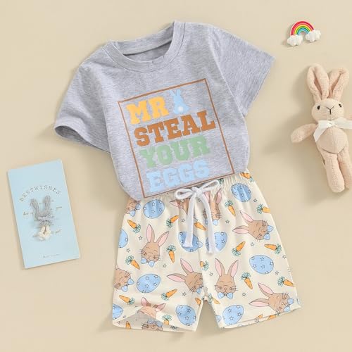 Image of BeQeuewll Toddler Baby Boy Easter Outfit Letter Bunny Print Short Sleeve T-Shirt and Shorts Summer Clothes Set