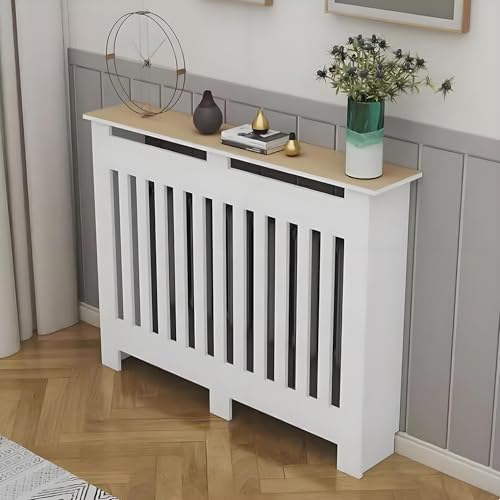 Cache-radiateur blanc en bois avec étagère de salle de bain et meuble bas vertical pour entrée