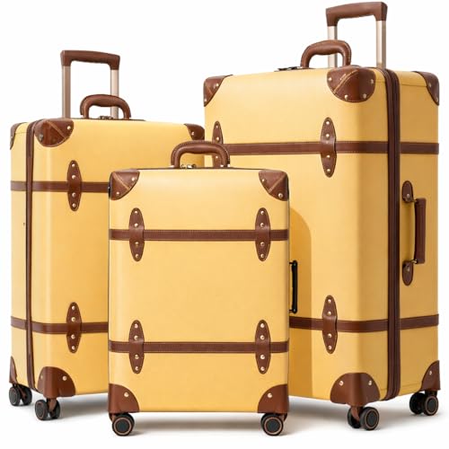 NZBZ Vintage Luggage Sets for Women, PU Leather Retro Suitcase, Vintage Trunk Luggage, Vintage Suitcase Set (Mustard Yellow, 20inch & 24inch & 28inch)