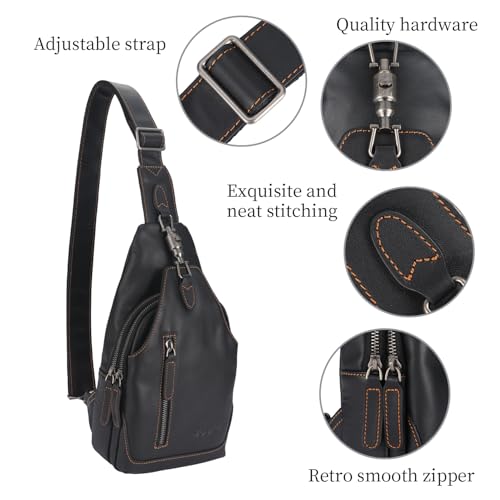 Image of Genuine Leather Sling Bag for Men and Women Chest Pack Purse Crossbody Shoulder Bag Sling Backpack (Black)