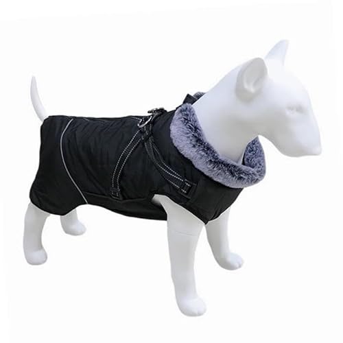 屋外防風防水犬用ジャケット ハーネス付き 冬用 暖かい毛皮の首輪 犬用ジャケット 反射犬用ジャケット フレンチブルドッグ ラブラドール服 中型犬および大型犬用,黒,XL