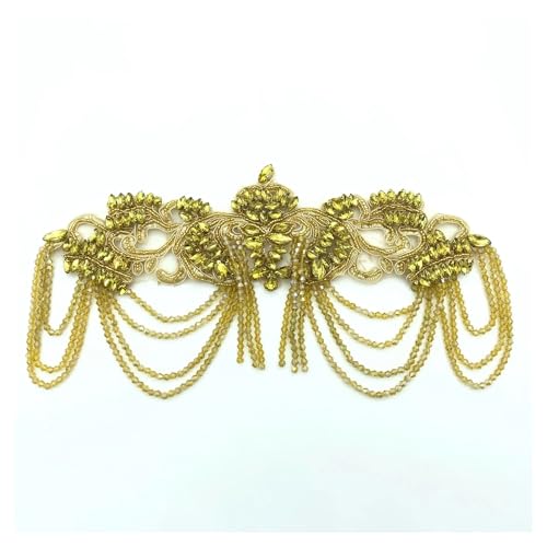 Apliques de encaje con bordado de abalorios Apliques de encaje con borlas y diamantes imitación hechos a mano, accesorios ropa for vestido boda, bricolaje(Gold)