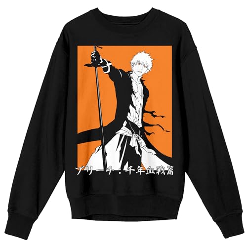 Bleach 100 Year Blood War Ichigo On Orange Background Crew Neck Long Sleeve Black Adult Sweatshirt