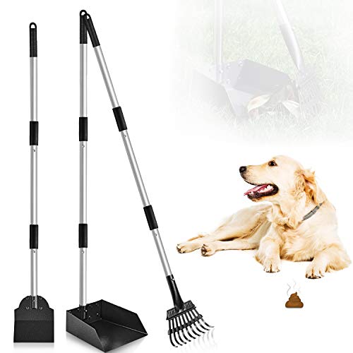 Petrip Poop Scooper, 3 Pack Metal Long Handle Dog Poop Scoop Rake and Pan Set, Adjustable Stainless Pooper Scooper for Large Medium Small Dogs