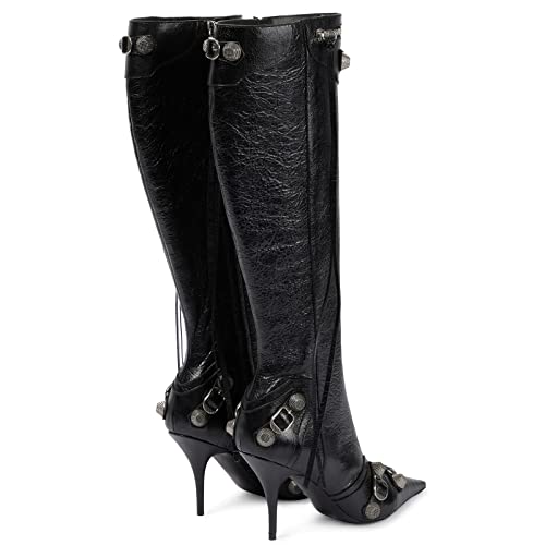 Kluolandi Women's Stiletto High Heel Knee High Boots With Tassel Pointy Toe Studded Zipper Booties Dress Shoes Black Size 7 #TOP1