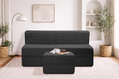 Image of Rosebell Foldable Sofa-Cum-Bed with Ottoman | 3-in-One Foldable Sofa, Lounger & Bed-5x6 Feet Three Seater- Perfect for Home & Office -Black-Color
