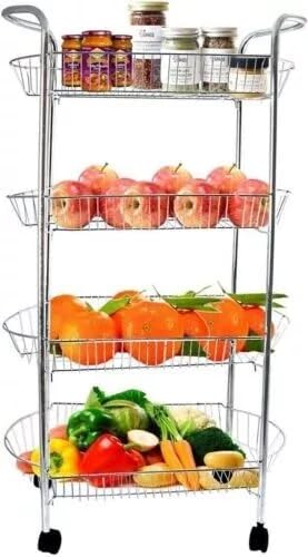Sales Today Interiror 3/4 Tier Kitchen Trolley Vegetable Rack Fruit Basket Storage Unit Wheeled Cart (Chrome, 4 Tier)