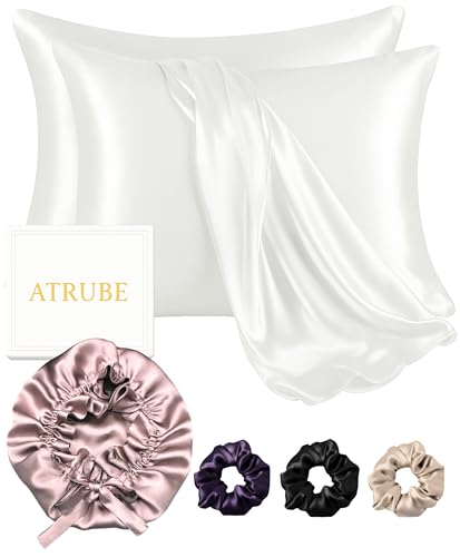 Image of Women's Satin Silk Bonnet Hair Pillowcase 3 Premium Scrunchies Adjustable Cap Curly Hair Ribbon Tie Band, Satin Hair Wrap White