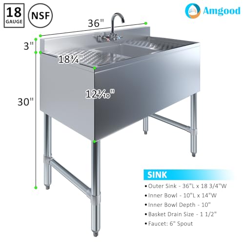 Image of 36 in. x 19 in. Stainless Steel Underbar Sink with Two Drainboards and Splash-Mounted Faucet | One Compartment Commercial Sink