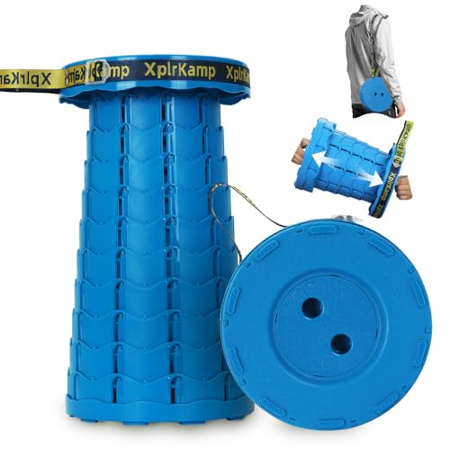 XplrKamp Folding Collapsible Stool, Upgraded Lightweight Portable Seat for Adults, Telescoping Foldable Stools with Load Capacity 400lbs for Camping, Hiking, Fishing, Outdoor/Indoor (Blue, 1-Pack)