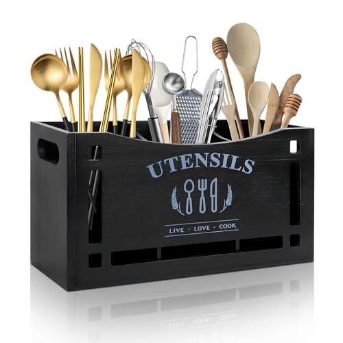 SHILIPAIJC Porte Ustensiles Cuisine Bambou, Organiseur D'ustensiles Comptoir 3 Compartiments, Panier à Ustensiles de Cuisine Sec Noir