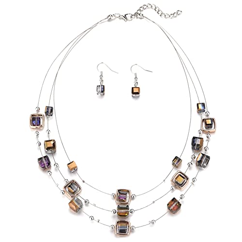 Layered Silver Beaded Necklace For Women Square Crystal Beads Statement Collar Necklace And Earrings Fashion Costumes Jewelry Sets For Women(Metal) #TOP8