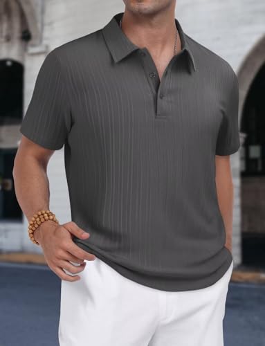 Men Henley Textured Knit Polo Shirts Regular Fit Stretchy Short Sleeve Golf Shirts3