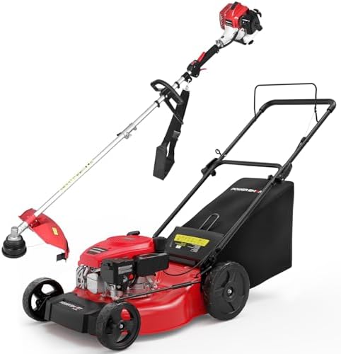 PowerSmart 21-Inch 144cc Gas Push Lawn Mower & 16-Inch 25.4cc String Trimmer/Edger with 10-Inch Brush Cutter for Grass Cutting
