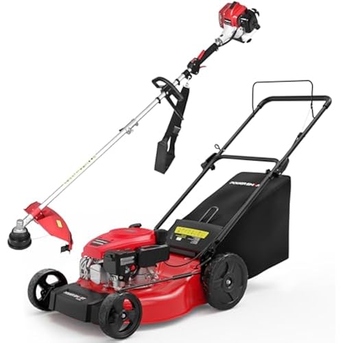PowerSmart 21-Inch 144cc Gas Lawn Mower & 16-Inch 25.4cc String Trimmer/Edger with 10-Inch Brush Cutter for Grass Cutting