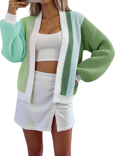 SEGT Women's Chunky Knit Open Front Color Block Long Sleeve Loose Short Cropped Cardigan Sweaters