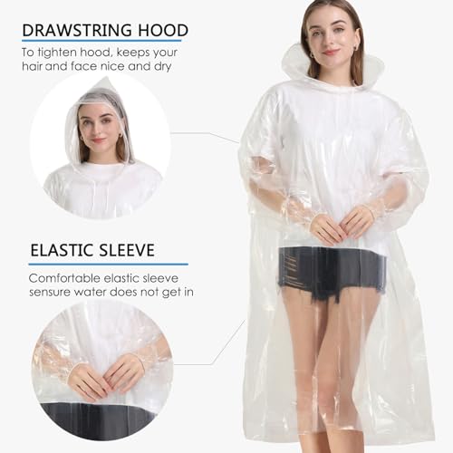 Image of Disposable Rain Ponchos for Adults, Clear Poncho with Hood, Emergency raincoats for Hiking, Camping, Travel