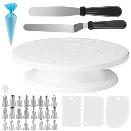 11 Inch Revolving Cake Stand Turntable, Cake Decorating Kit with 24 Icing Piping Tips, 3 Scrapers, 2 Spatulas, 1 Coupler and 1 Reusable Piping Bag, Baking Supplies for Beginners and Cake Lovers