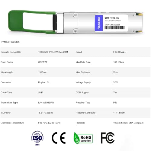 Image of 100G QSFP28 CWDM4 Optical Transceiver Module Compatible with Brocade 100G-QSFP28-CWDM4-2KM,100GBASE-CWDM4 QSFP28 IR4 1310nm 2km DOM