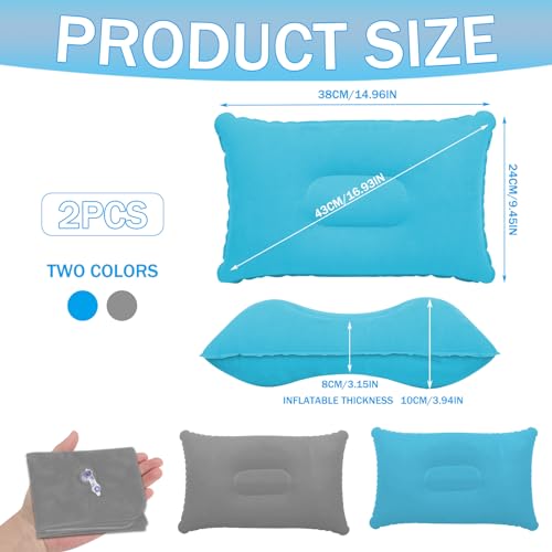 Richstory Camping Pillows 34 x 22 cm Blow Up Cushions 2 Pcs Compressible Pillow for Travel, Sunbathing, Neck and Lumbar Support, Sky Blue and Grey - Image 2