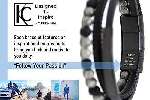 Kc Premium Men’s Beads Leather Bracelet Passion Lava Rock Stone Inspirational Engraved Adjustable Magnetic Clasp Stainless Steel Handmade Natural Braided Multi-Layer Cuff Bangle Wristband Black Grey #TOP3
