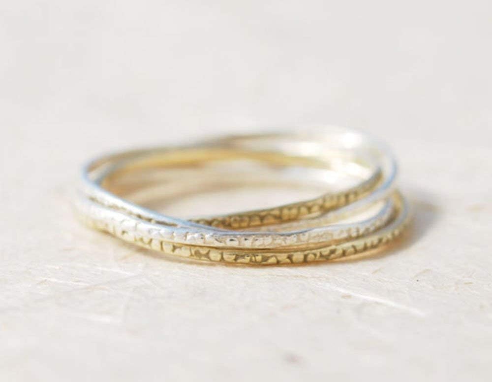 Unique Wedding Ring, Handmade Textured Hammered Rolling Interlocked Two Tones Mix Metals Solid 14K Gold Sterling Silver Russian Wedding Ring