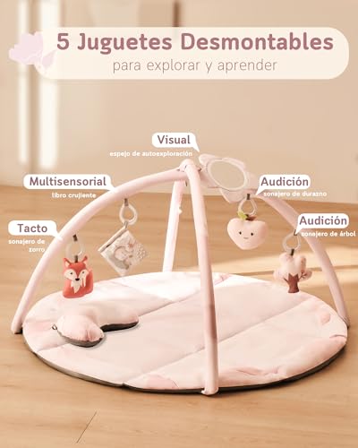 Fortella Ginásio para Bebé, Tapete de Atividades, Manta de Jogos Dobrável com 5 Brinquedos Pendurados, Espelho e Almofada – Tapete Acolchoado para o Rastejar, Desenvolvimento Infantil, 0-3-6-12 Meses
