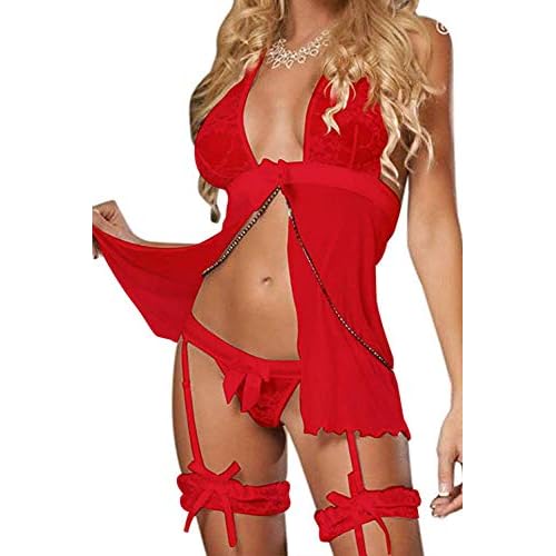JFAN Conjuntos de Lencería para Mujer Vestido De Dormir De Encaje Transparente con Tanga Ligas y Ligueros