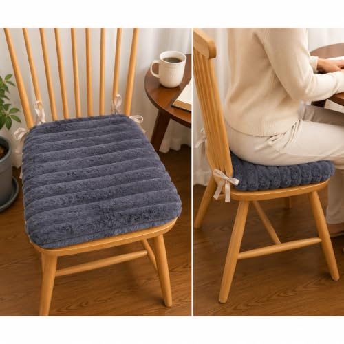 Image of COZY FURNISH Slate Blue-Grey Solid Fluffy Chair Seat Cushions with Ties, 16x16 Inch Faux Fur Dining Chair Pads with Foam Filling, Pack of 2