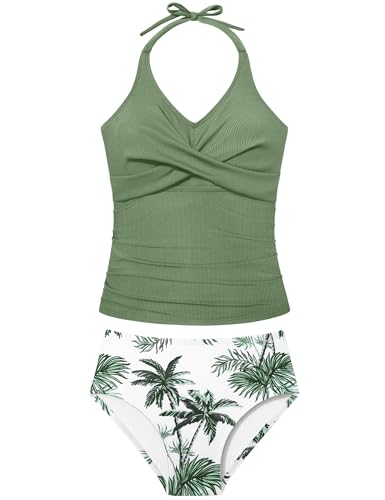 Image of Girls Swimsuits 2 Piece Halterneck Bathing Suit Criss Cross Ruched Printed Tankini Swimwear Set for 9-16 Years