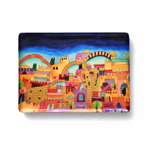 Yair Emanuel Colorful Decorative Metal Tray for Shabbat Candles Or Snacks 8.6x6.3 Inch, Stainless Steel with Hand Designed Judaica Print Judaica Gift Boxed (Jerusalem TRO-3)